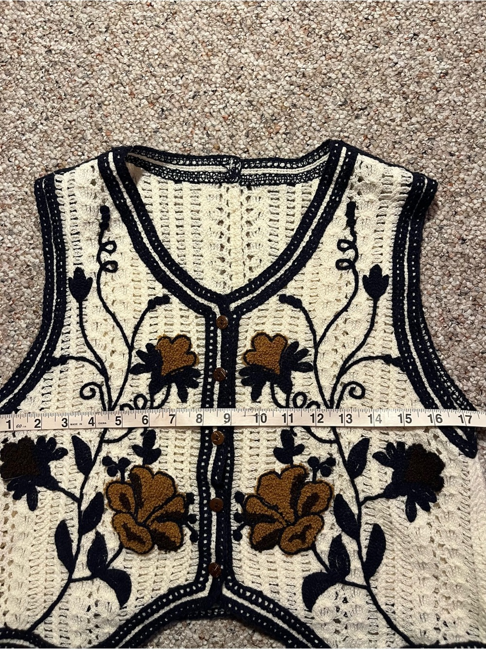 Crocheted Floral Button-Front Vest in Cream, Black & Mustard - Picture 5 of 6